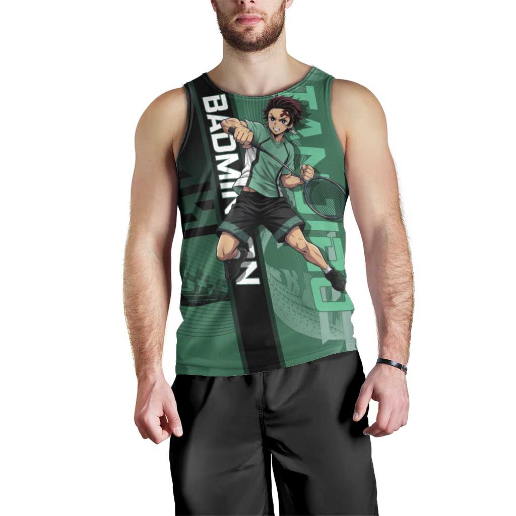 Personalized Tanjiro Badminton Green Action Pose Men Tank Top Dynamic Sports Design - The Mazicc