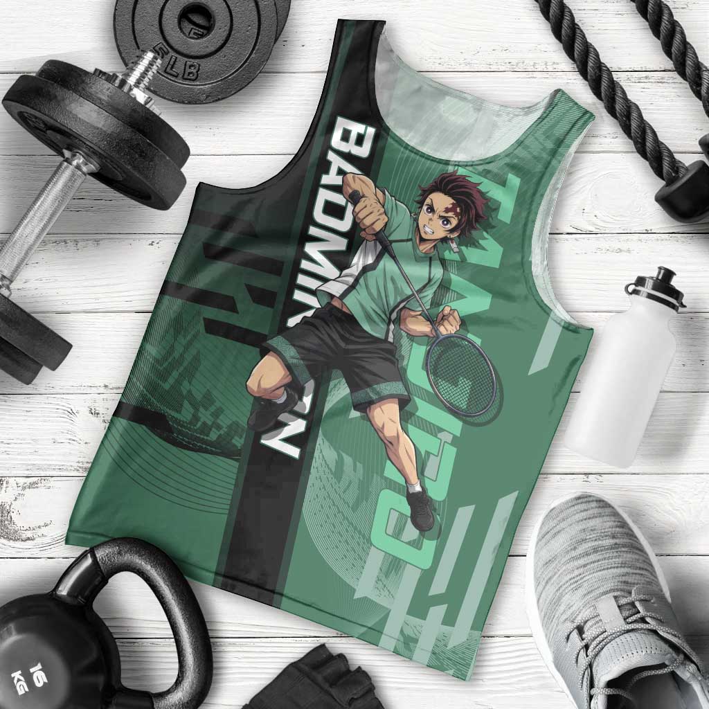 Personalized Tanjiro Badminton Green Action Pose Men Tank Top Dynamic Sports Design - The Mazicc