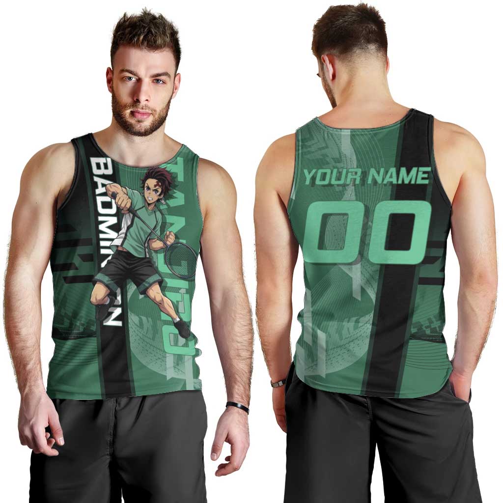 Personalized Tanjiro Badminton Green Action Pose Men Tank Top Dynamic Sports Design - The Mazicc