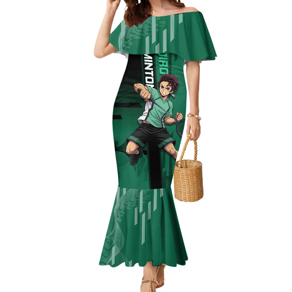 Personalized Tanjiro Badminton Green Action Pose Mermaid Dress Dynamic Sports Design - The Mazicc