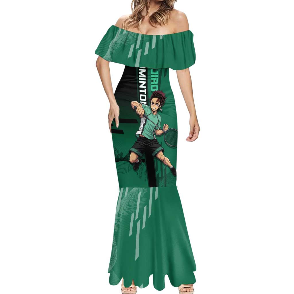 Personalized Tanjiro Badminton Green Action Pose Mermaid Dress Dynamic Sports Design - The Mazicc