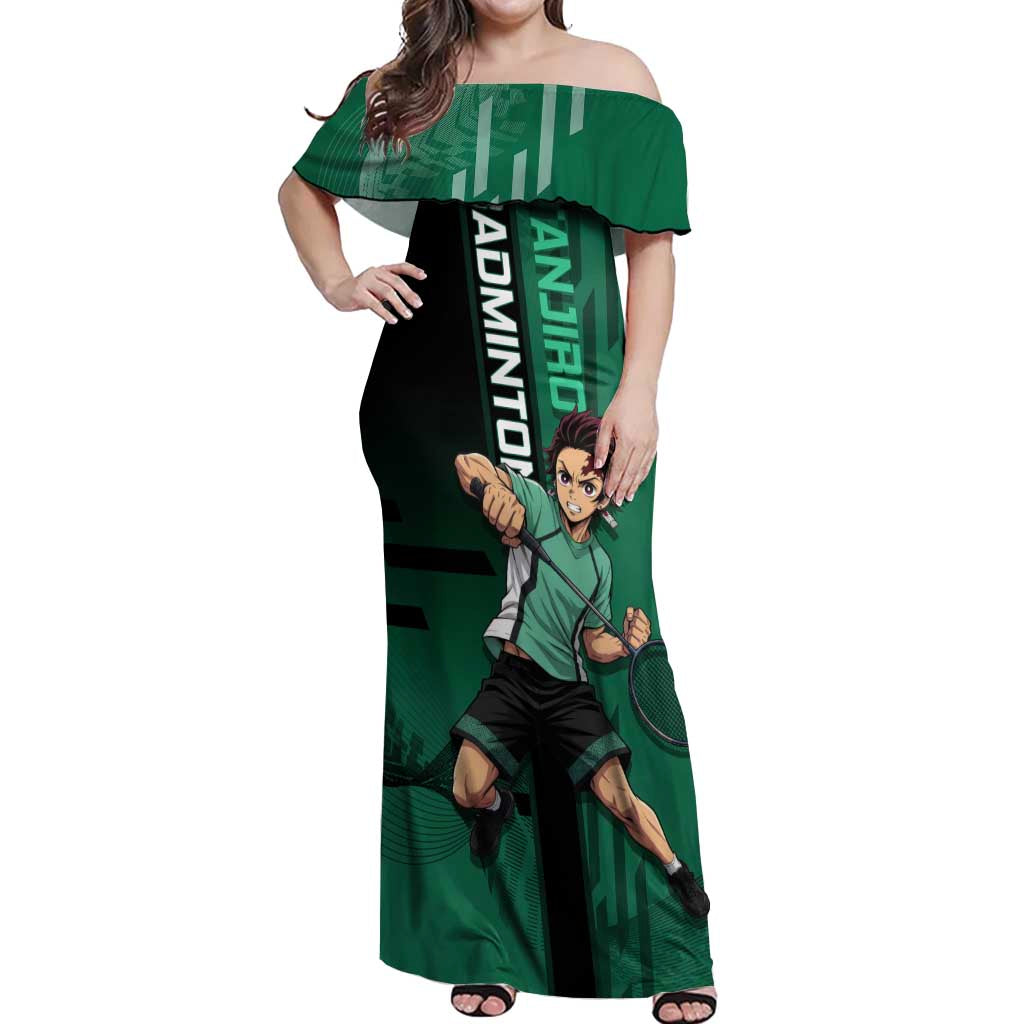 Personalized Tanjiro Badminton Green Action Pose Off Shoulder Maxi Dress Dynamic Sports Design - The Mazicc