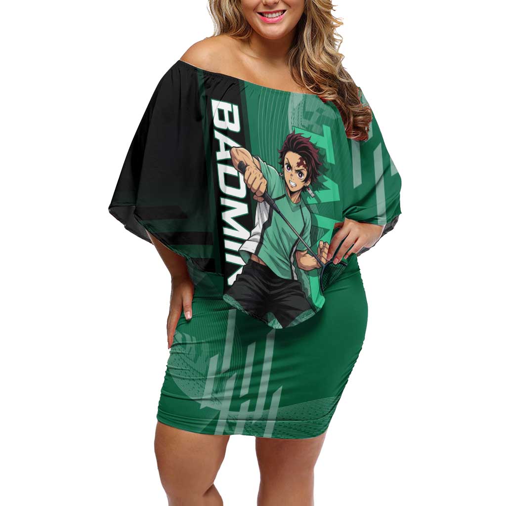 Personalized Tanjiro Badminton Green Action Pose Off Shoulder Short Dress Dynamic Sports Design - The Mazicc