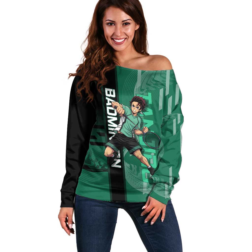 Personalized Tanjiro Badminton Green Action Pose Off Shoulder Sweater Dynamic Sports Design - The Mazicc
