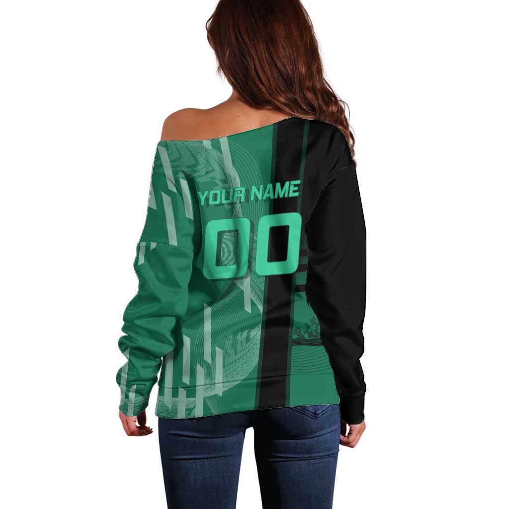 Personalized Tanjiro Badminton Green Action Pose Off Shoulder Sweater Dynamic Sports Design - The Mazicc