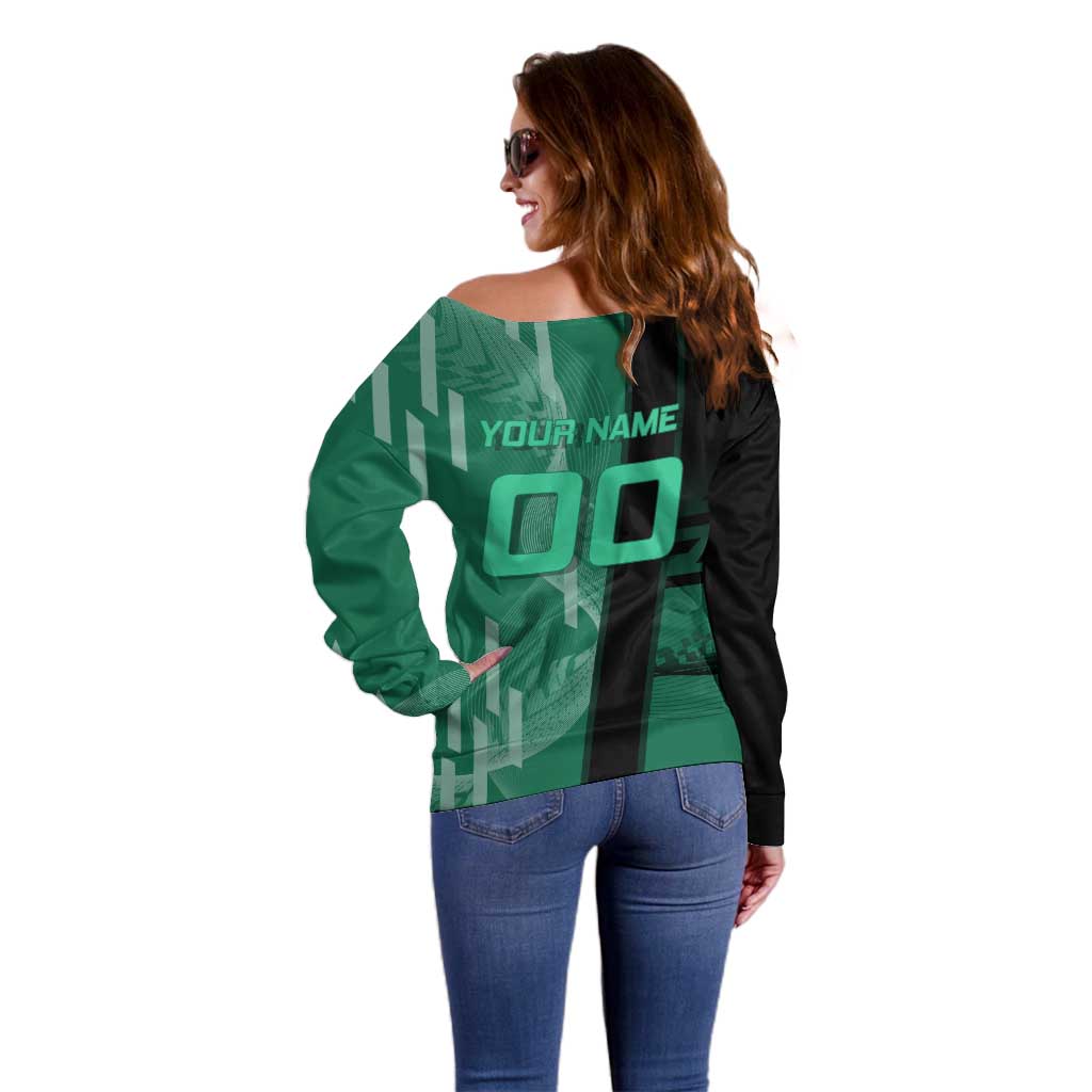 Personalized Tanjiro Badminton Green Action Pose Off Shoulder Sweater Dynamic Sports Design - The Mazicc