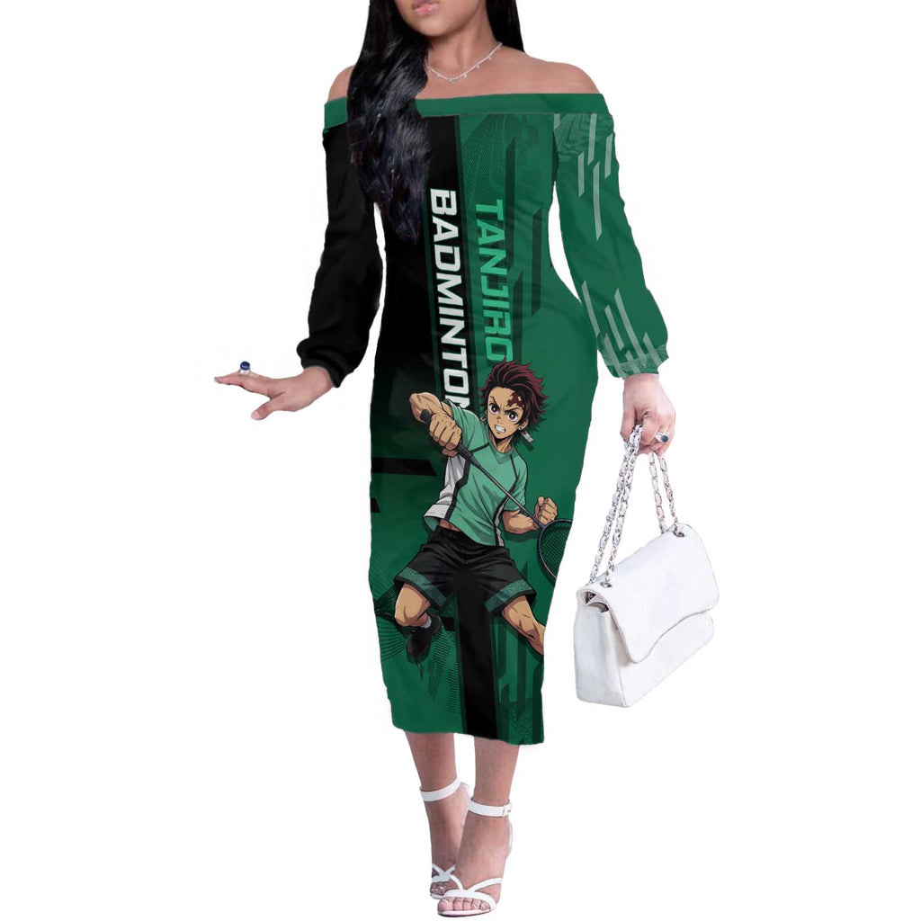 Personalized Tanjiro Badminton Green Action Pose Off The Shoulder Long Sleeve Dress Dynamic Sports Design - The Mazicc