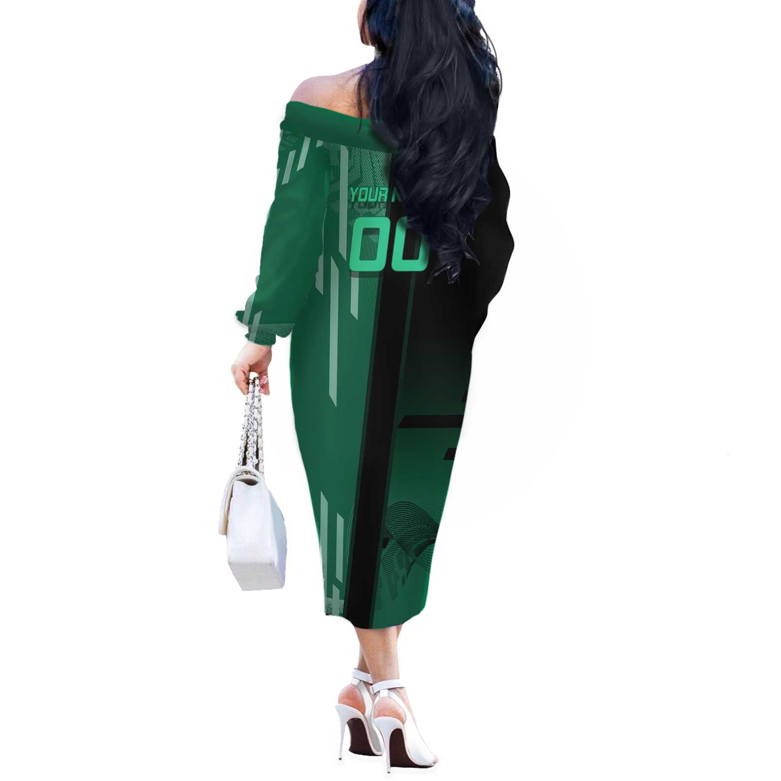Personalized Tanjiro Badminton Green Action Pose Off The Shoulder Long Sleeve Dress Dynamic Sports Design - The Mazicc