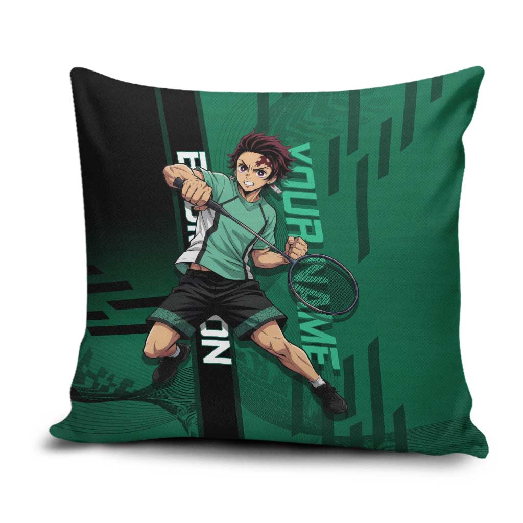 Personalized Tanjiro Badminton Green Action Pose Pillow Cover Dynamic Sports Design - The Mazicc