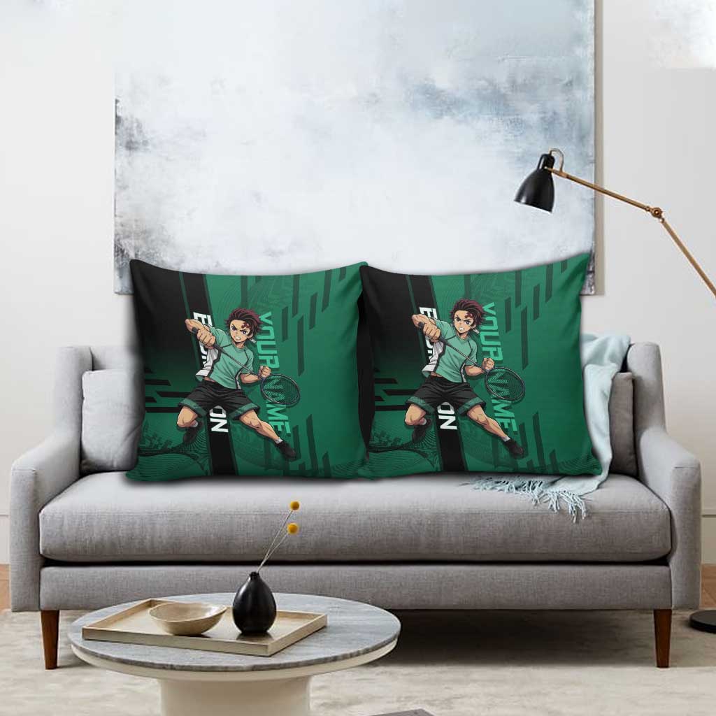 Personalized Tanjiro Badminton Green Action Pose Pillow Cover Dynamic Sports Design - The Mazicc