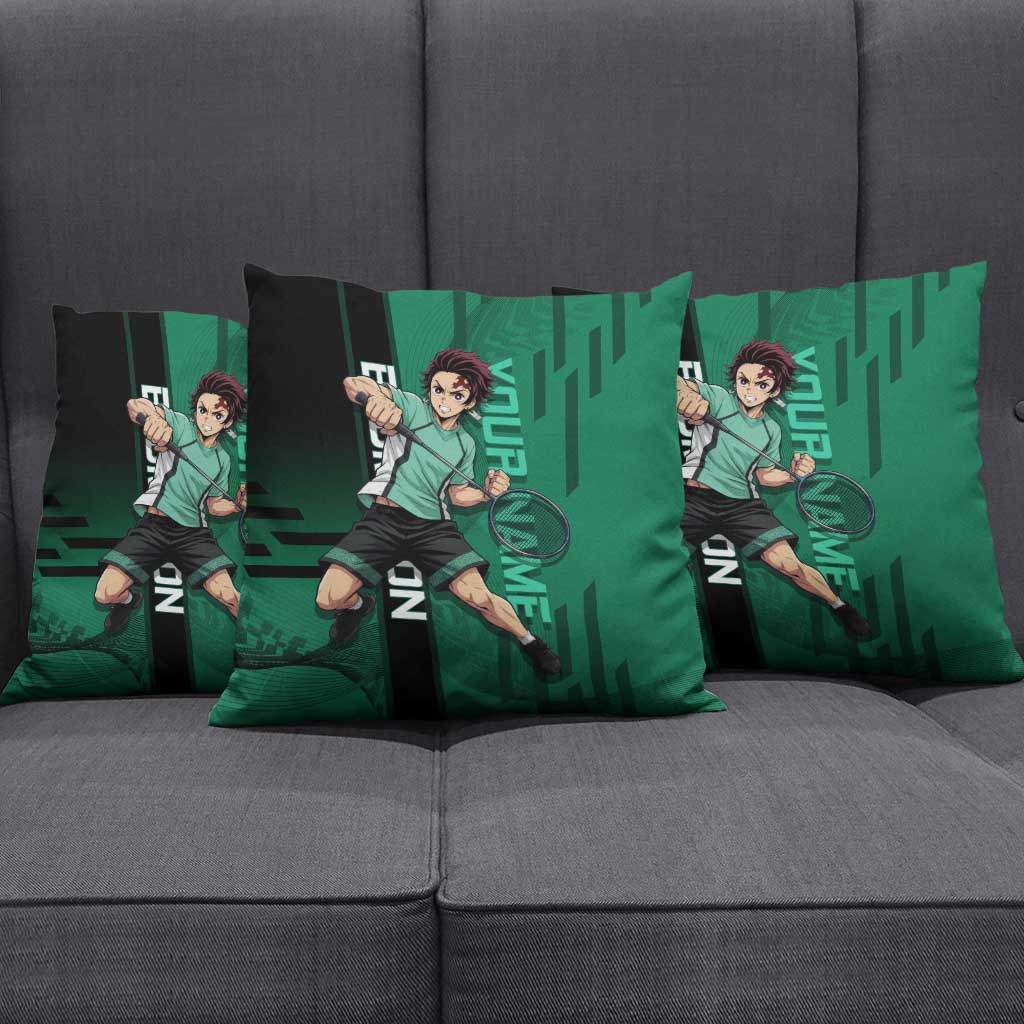 Personalized Tanjiro Badminton Green Action Pose Pillow Cover Dynamic Sports Design - The Mazicc