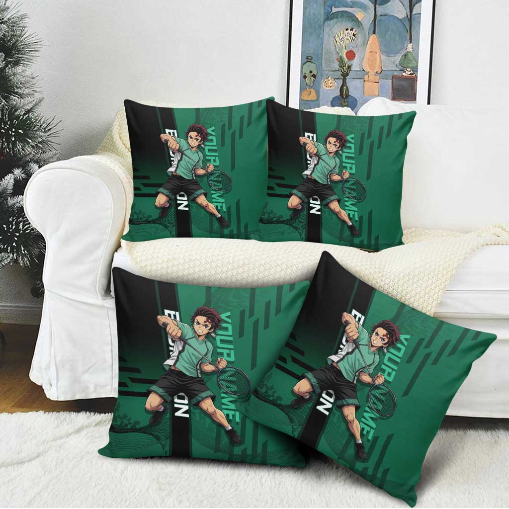 Personalized Tanjiro Badminton Green Action Pose Pillow Cover Dynamic Sports Design - The Mazicc