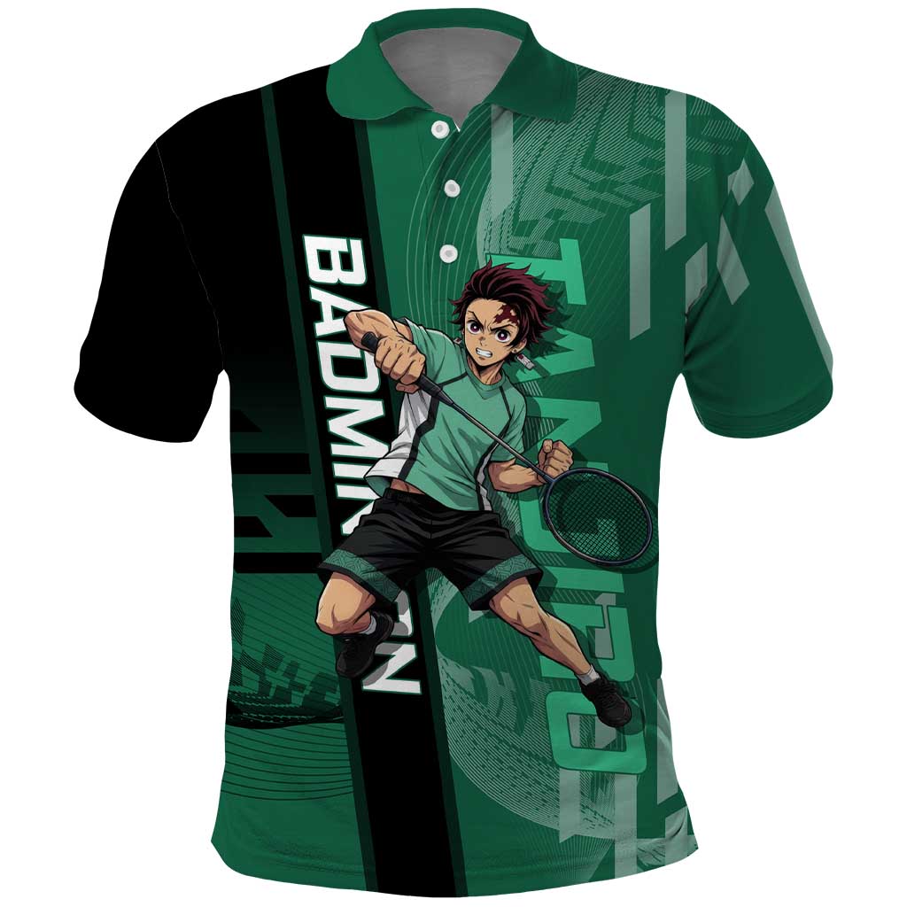 Personalized Tanjiro Badminton Green Action Pose Polo Shirt Dynamic Sports Design - The Mazicc