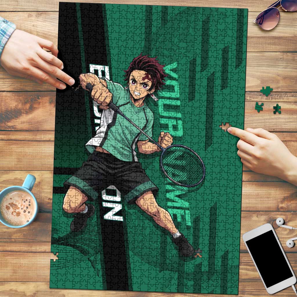 Personalized Tanjiro Badminton Green Action Pose Puzzle Dynamic Sports Design - The Mazicc