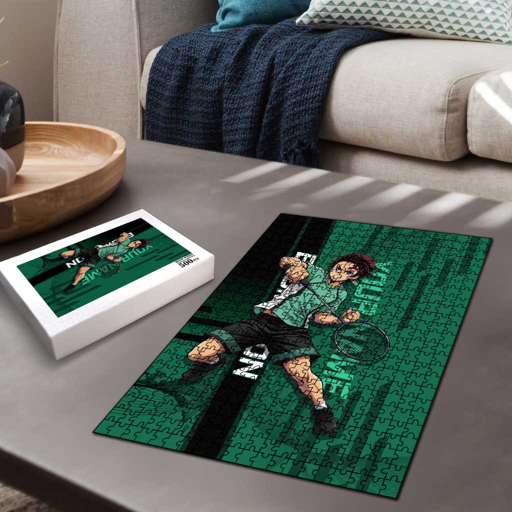 Personalized Tanjiro Badminton Green Action Pose Puzzle Dynamic Sports Design - The Mazicc