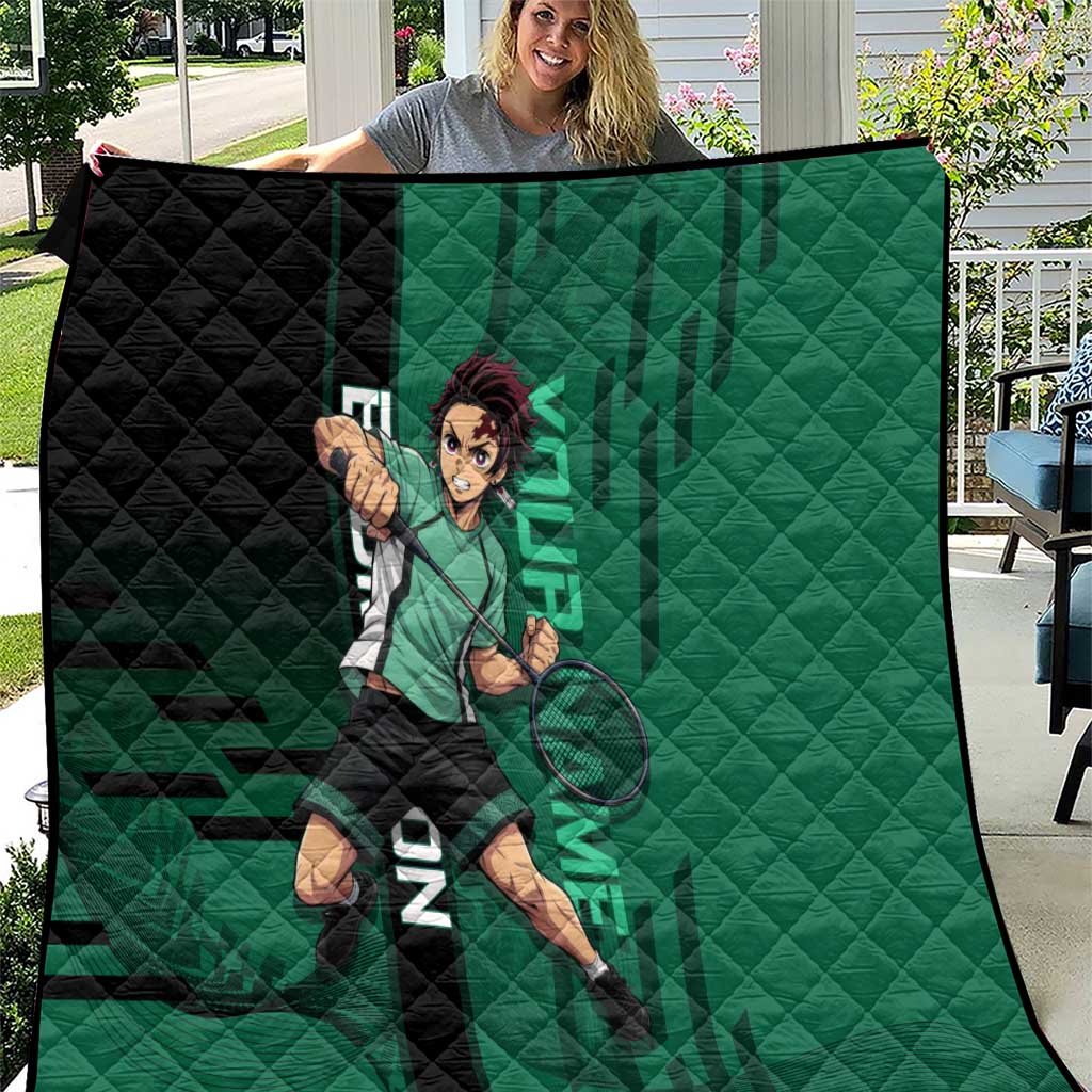 Personalized Tanjiro Badminton Green Action Pose Quilt Dynamic Sports Design - The Mazicc