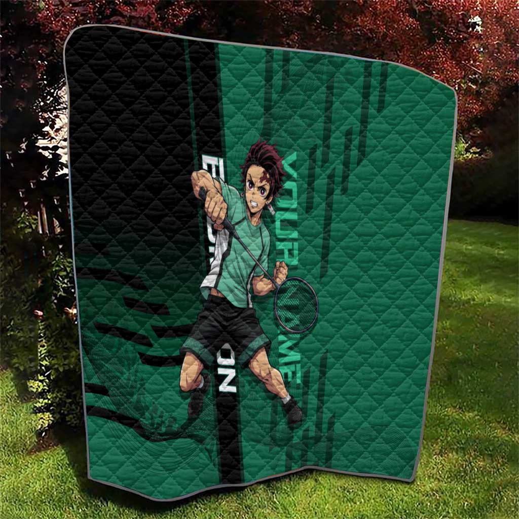 Personalized Tanjiro Badminton Green Action Pose Quilt Dynamic Sports Design - The Mazicc