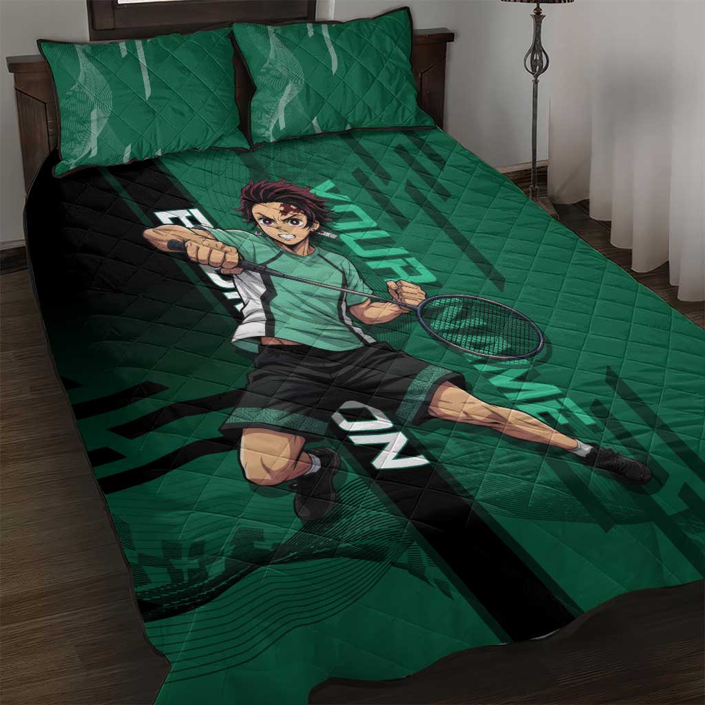 Personalized Tanjiro Badminton Green Action Pose Quilt Bed Set Dynamic Sports Design - The Mazicc