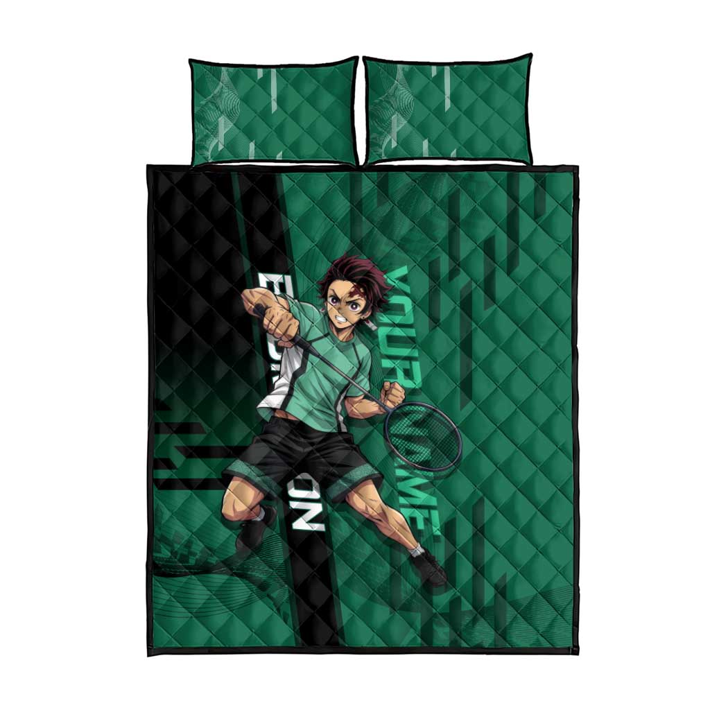 Personalized Tanjiro Badminton Green Action Pose Quilt Bed Set Dynamic Sports Design - The Mazicc