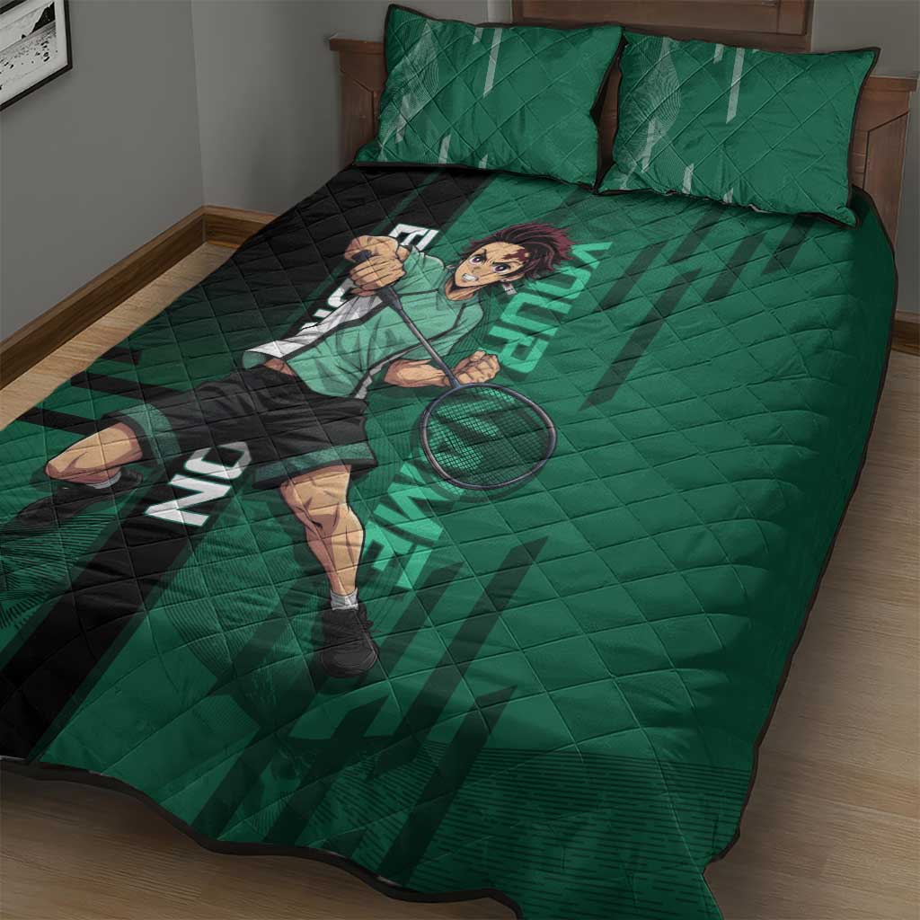 Personalized Tanjiro Badminton Green Action Pose Quilt Bed Set Dynamic Sports Design - The Mazicc