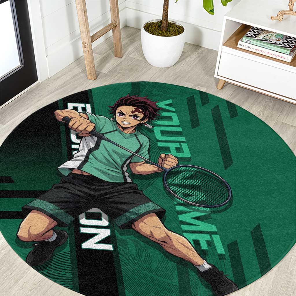 Personalized Tanjiro Badminton Green Action Pose Round Carpet Dynamic Sports Design - The Mazicc