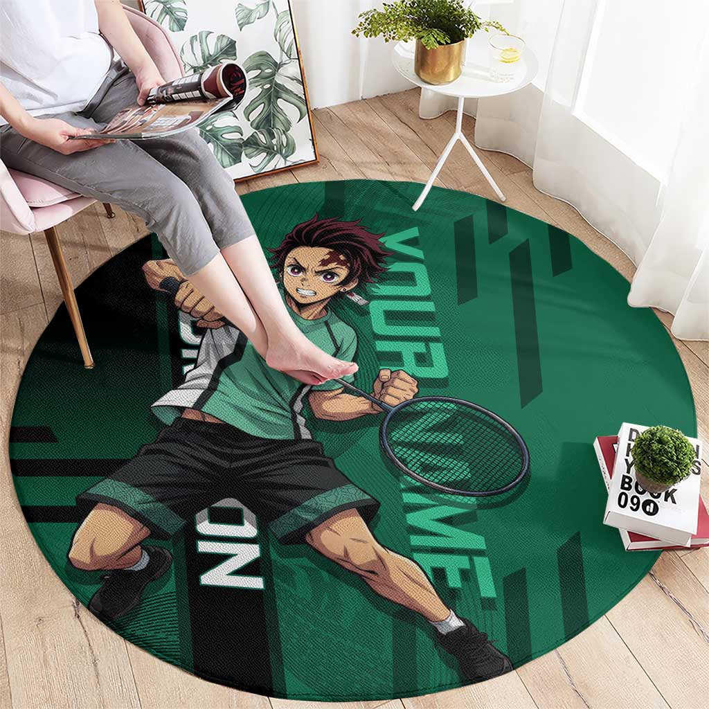 Personalized Tanjiro Badminton Green Action Pose Round Carpet Dynamic Sports Design - The Mazicc