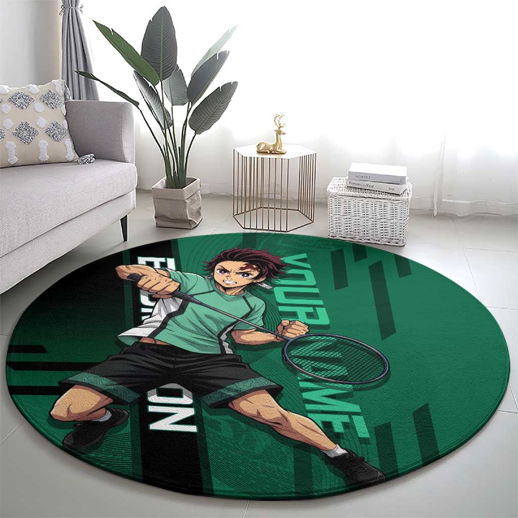 Personalized Tanjiro Badminton Green Action Pose Round Carpet Dynamic Sports Design - The Mazicc