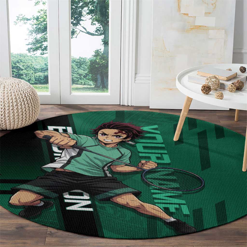 Personalized Tanjiro Badminton Green Action Pose Round Carpet Dynamic Sports Design - The Mazicc