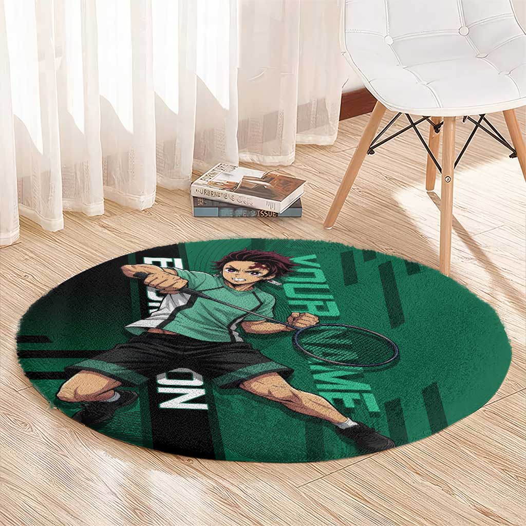 Personalized Tanjiro Badminton Green Action Pose Round Carpet Dynamic Sports Design - The Mazicc