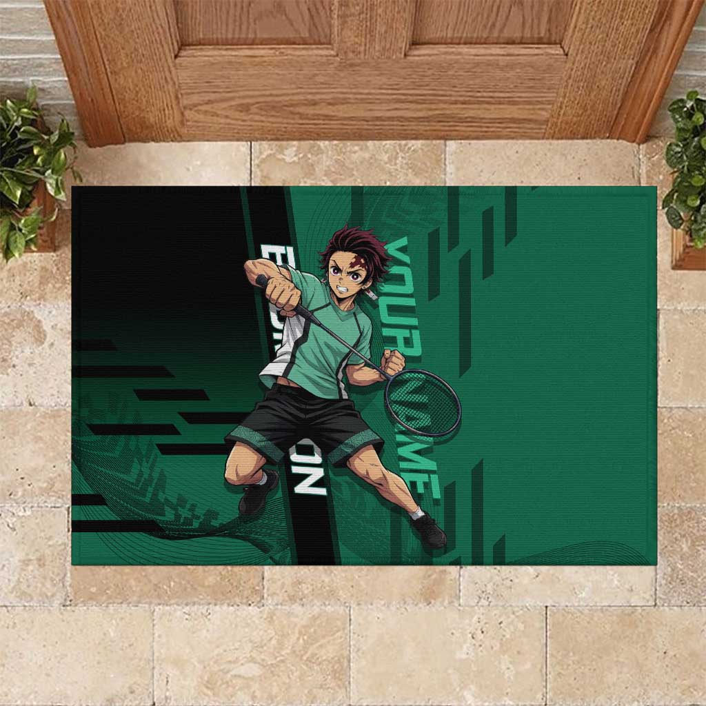 Personalized Tanjiro Badminton Green Action Pose Rubber Doormat Dynamic Sports Design - The Mazicc