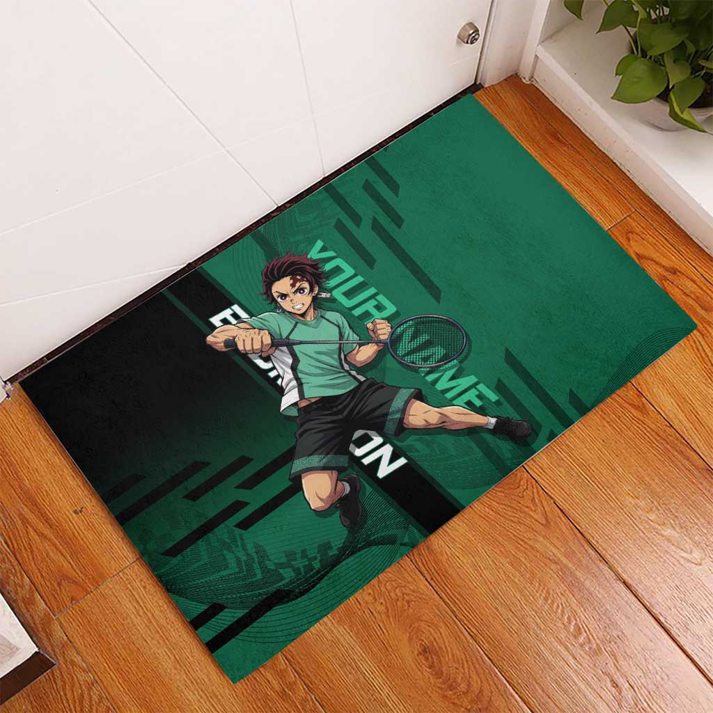 Personalized Tanjiro Badminton Green Action Pose Rubber Doormat Dynamic Sports Design - The Mazicc