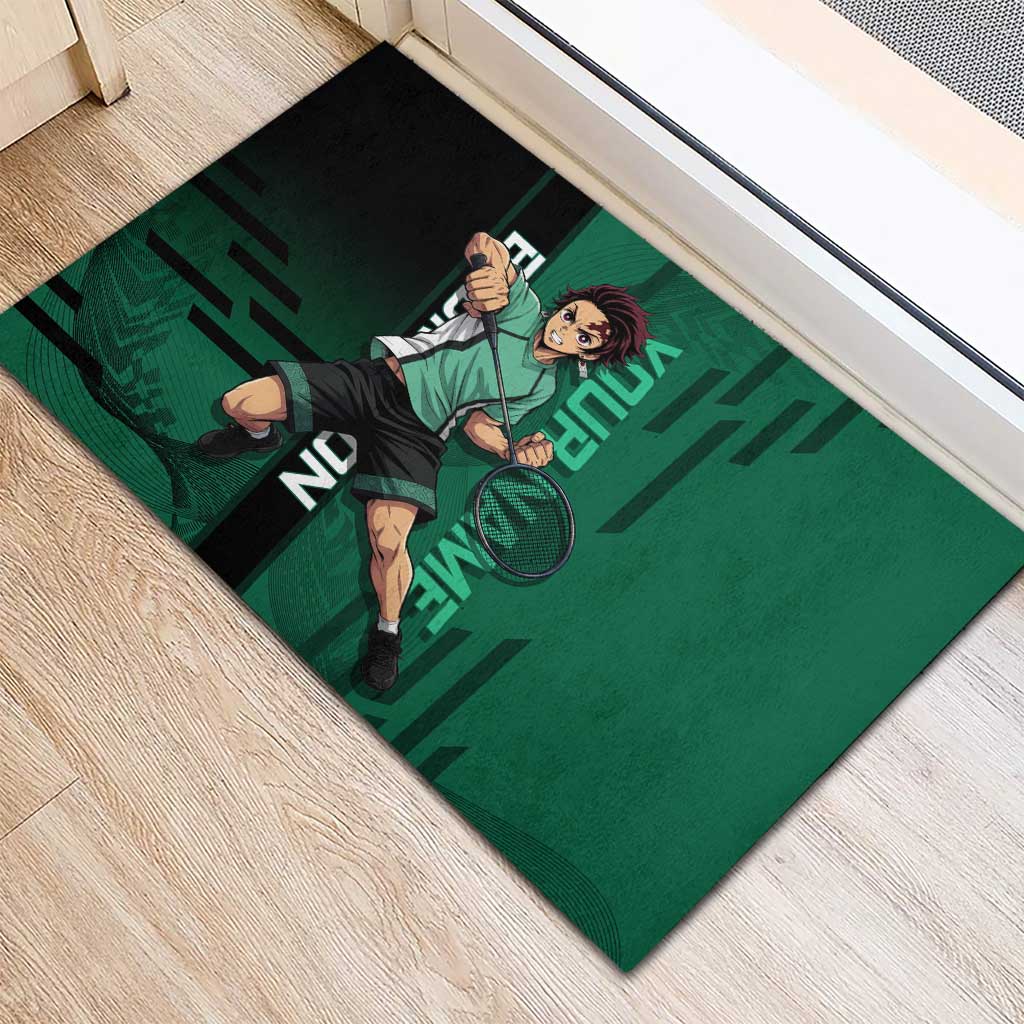 Personalized Tanjiro Badminton Green Action Pose Rubber Doormat Dynamic Sports Design - The Mazicc