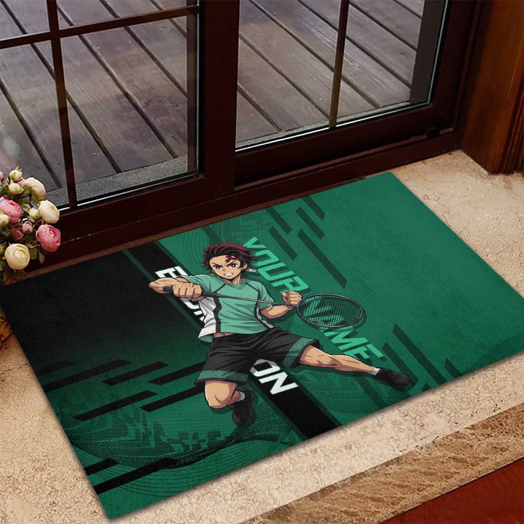 Personalized Tanjiro Badminton Green Action Pose Rubber Doormat Dynamic Sports Design - The Mazicc