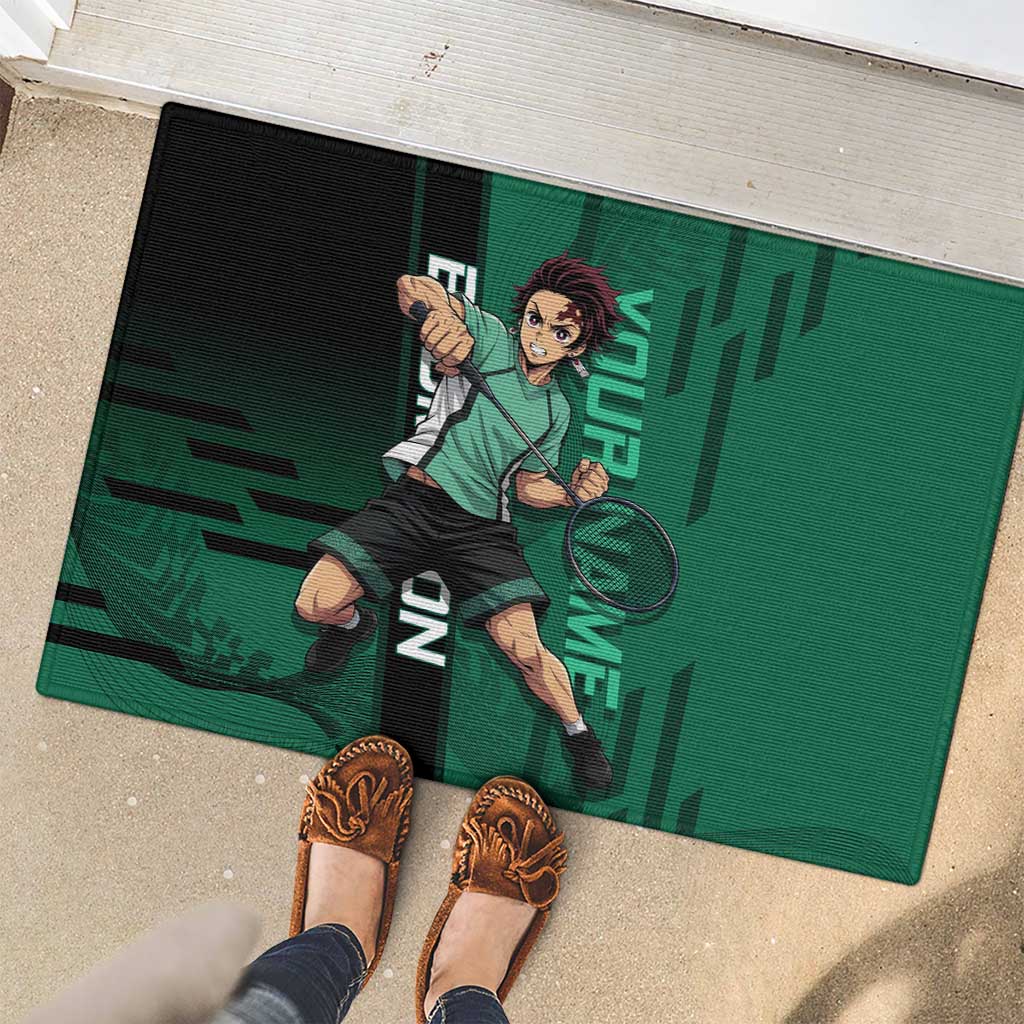 Personalized Tanjiro Badminton Green Action Pose Rubber Doormat Dynamic Sports Design - The Mazicc