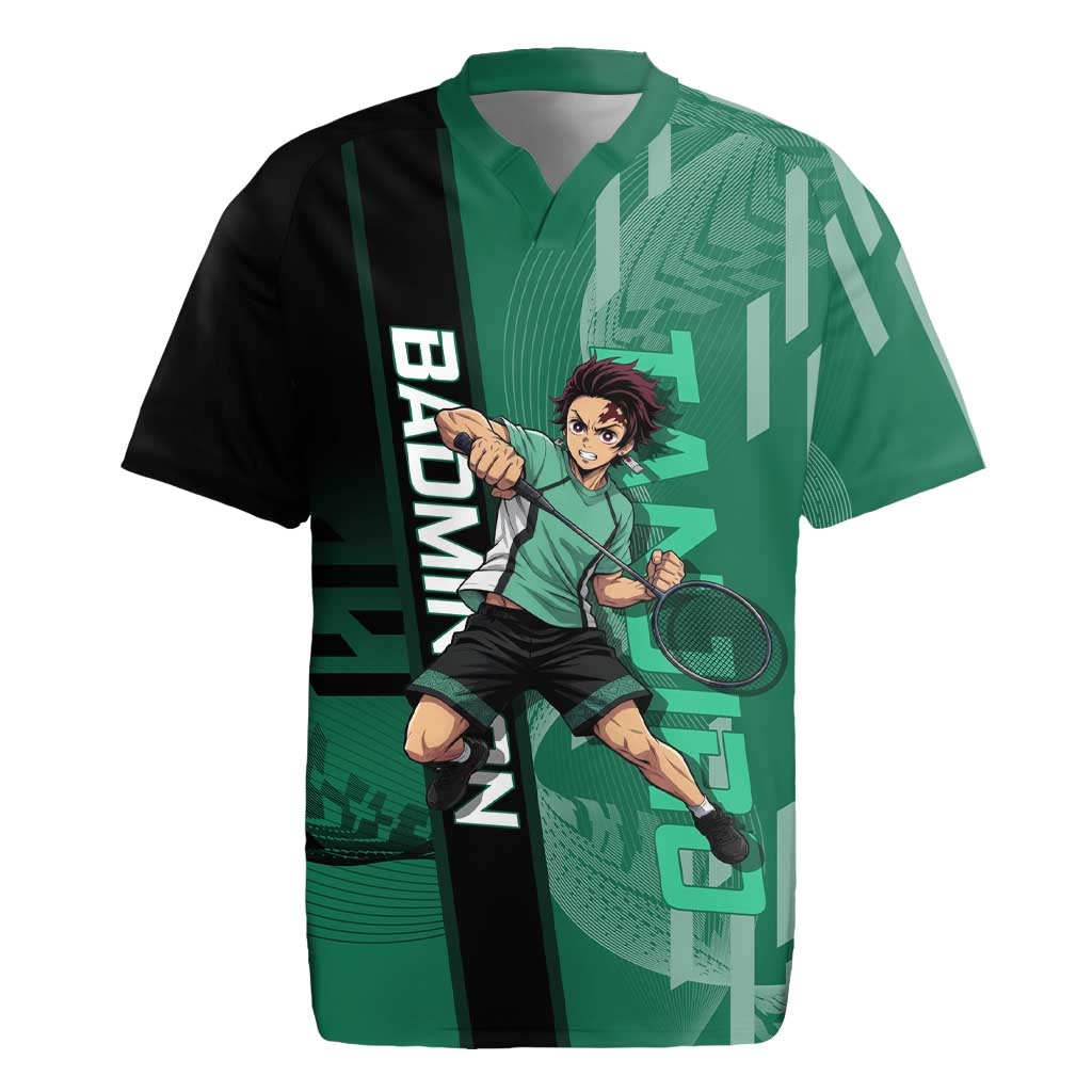 Personalized Tanjiro Badminton Green Action Pose Rugby Jersey Dynamic Sports Design - The Mazicc