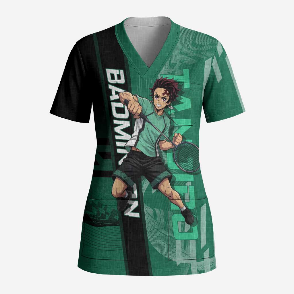 Personalized Tanjiro Badminton Green Action Pose Scrub Top Dynamic Sports Design - The Mazicc
