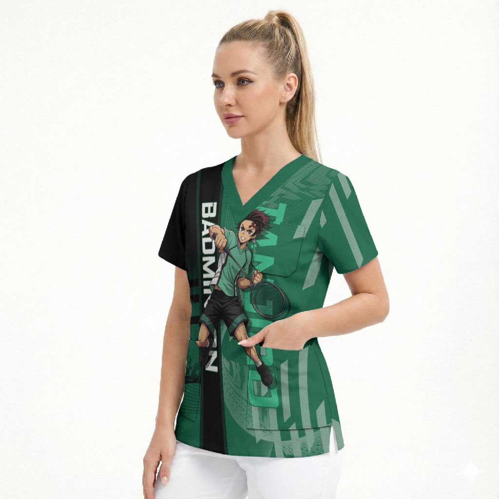 Personalized Tanjiro Badminton Green Action Pose Scrub Top Dynamic Sports Design - The Mazicc