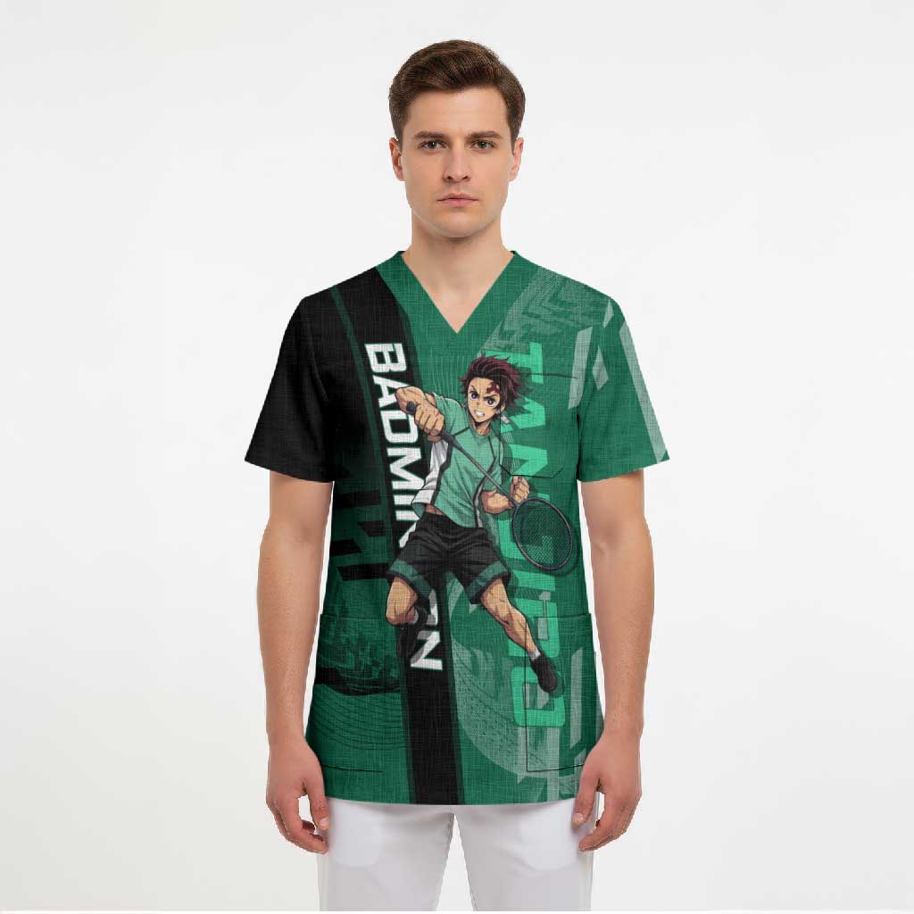 Personalized Tanjiro Badminton Green Action Pose Scrub Top Dynamic Sports Design - The Mazicc