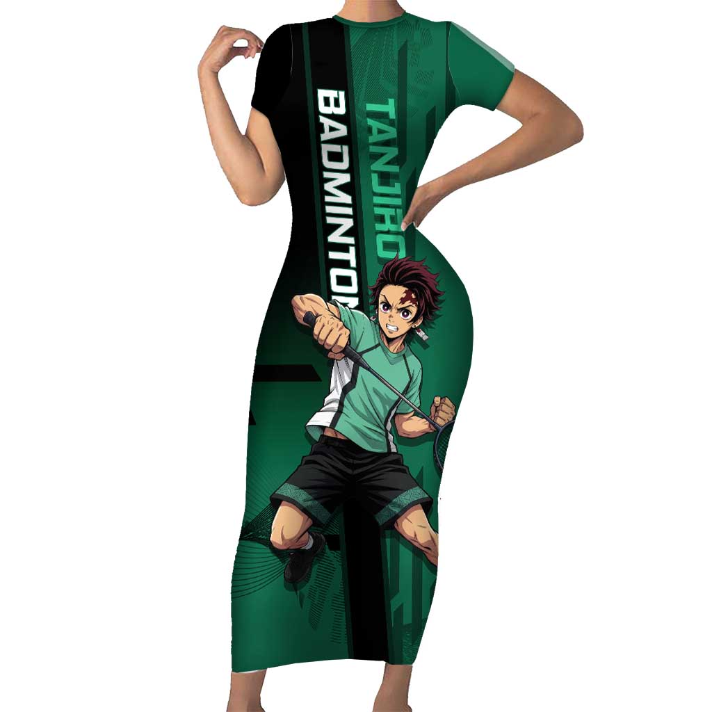 Personalized Tanjiro Badminton Green Action Pose Short Sleeve Bodycon Dress Dynamic Sports Design - The Mazicc