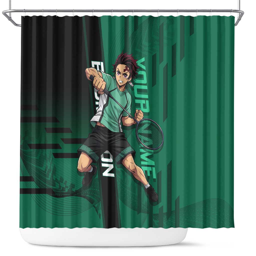 Personalized Tanjiro Badminton Green Action Pose Shower Curtain Dynamic Sports Design - The Mazicc
