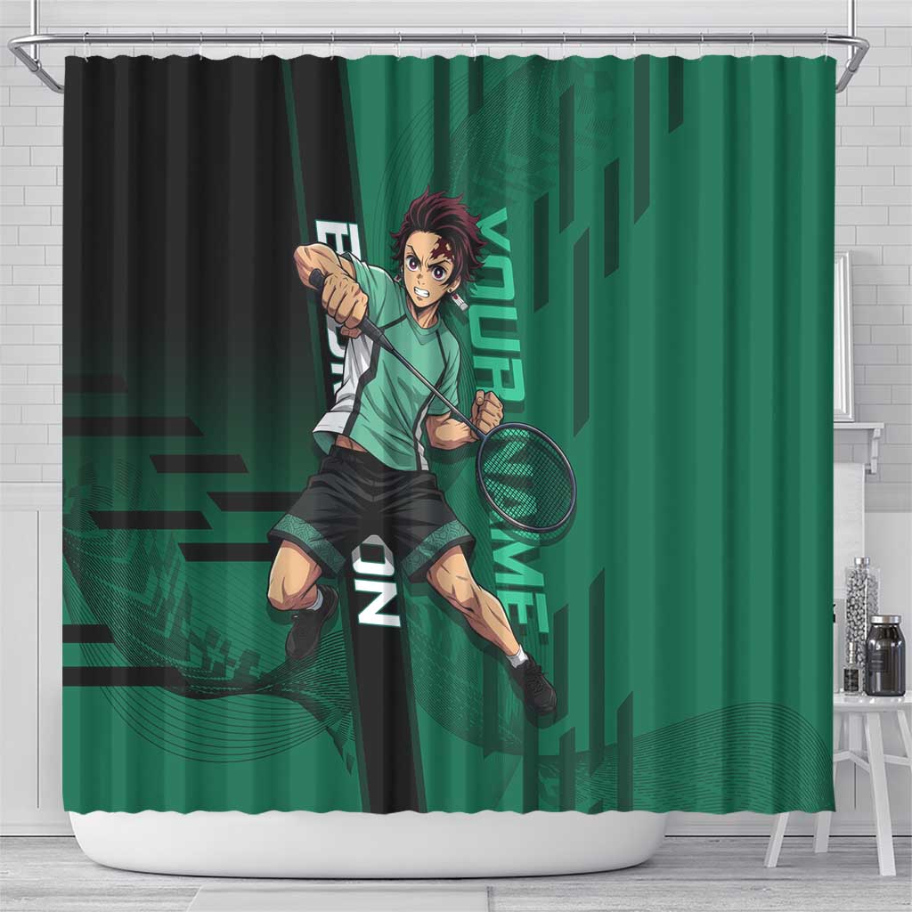 Personalized Tanjiro Badminton Green Action Pose Shower Curtain Dynamic Sports Design - The Mazicc