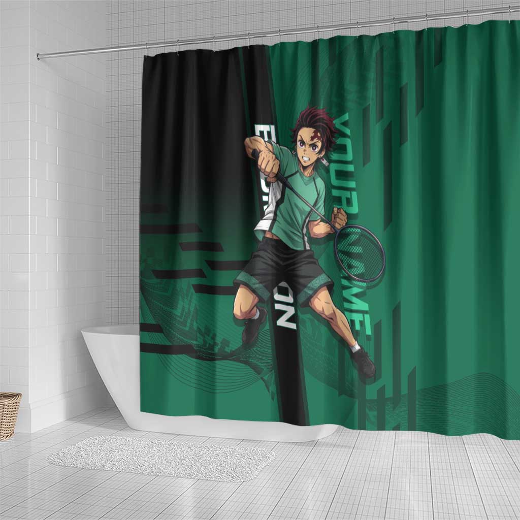Personalized Tanjiro Badminton Green Action Pose Shower Curtain Dynamic Sports Design - The Mazicc