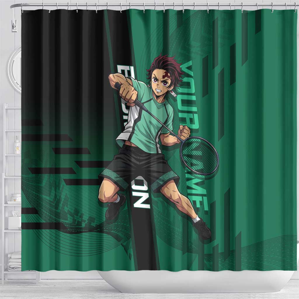 Personalized Tanjiro Badminton Green Action Pose Shower Curtain Dynamic Sports Design - The Mazicc
