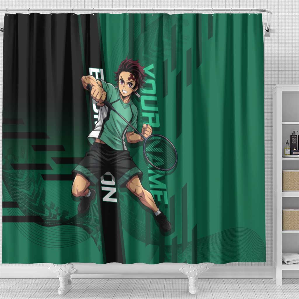 Personalized Tanjiro Badminton Green Action Pose Shower Curtain Dynamic Sports Design - The Mazicc
