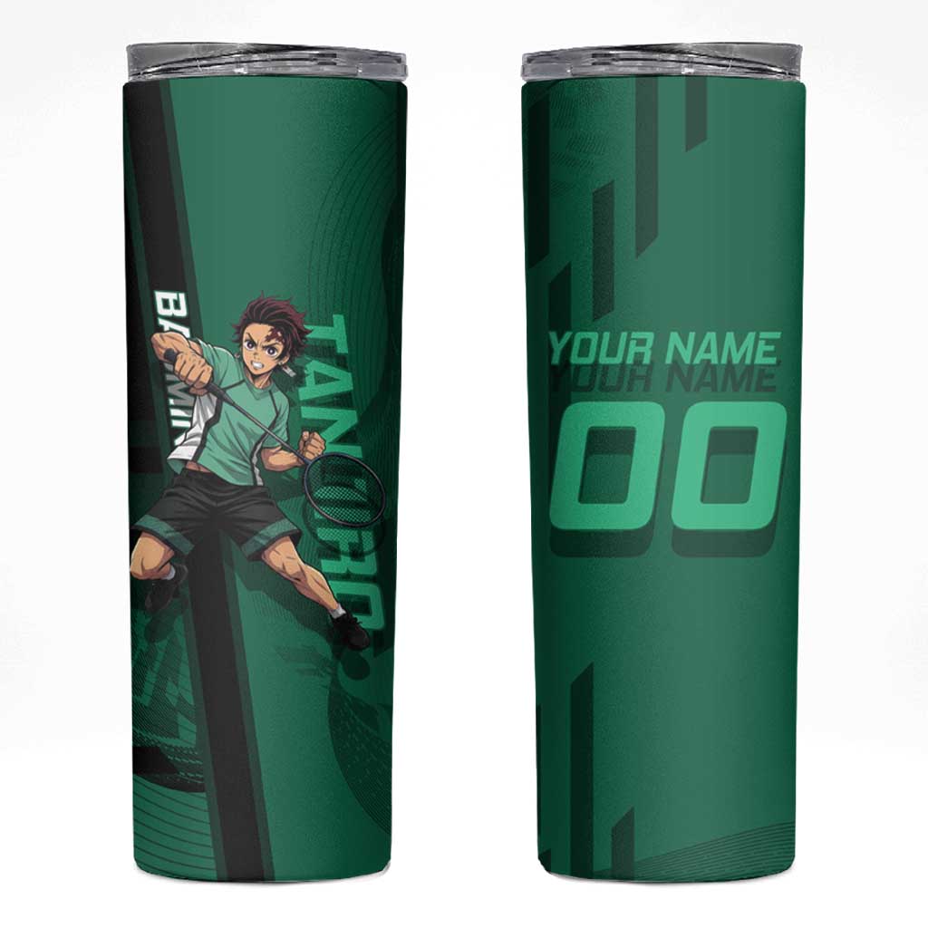 Personalized Tanjiro Badminton Green Action Pose Skinny Tumbler Dynamic Sports Design - The Mazicc