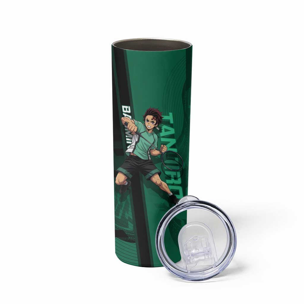 Personalized Tanjiro Badminton Green Action Pose Skinny Tumbler Dynamic Sports Design - The Mazicc