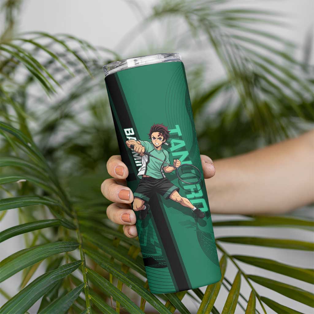Personalized Tanjiro Badminton Green Action Pose Skinny Tumbler Dynamic Sports Design - The Mazicc