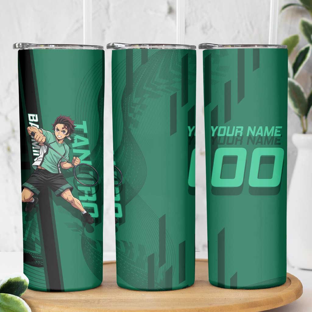 Personalized Tanjiro Badminton Green Action Pose Skinny Tumbler Dynamic Sports Design - The Mazicc