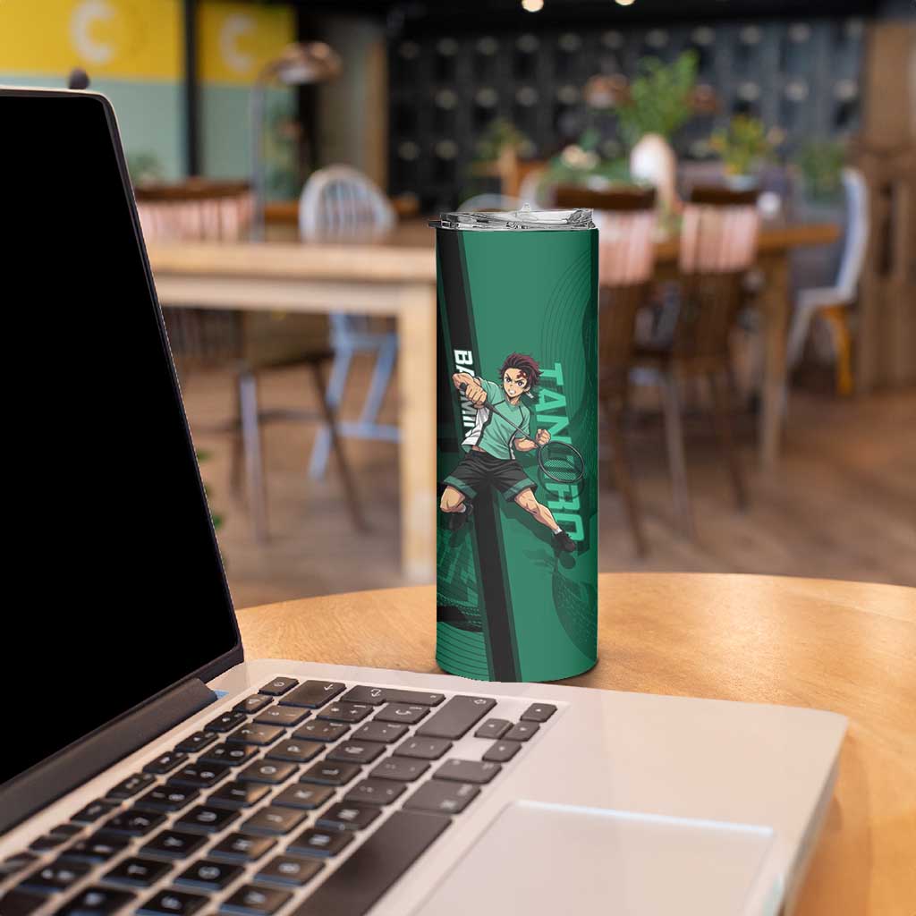 Personalized Tanjiro Badminton Green Action Pose Skinny Tumbler Dynamic Sports Design - The Mazicc