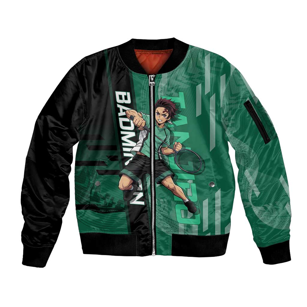 Personalized Tanjiro Badminton Green Action Pose Sleeve Zip Bomber Jacket Dynamic Sports Design - The Mazicc